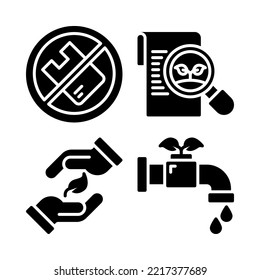 Ecology icons set = no plastic bags, research, eco friendly, save water. Perfect for website mobile app, app icons, presentation, illustration and any other projects