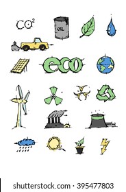 Ecology icons set. Oil, water, planet, eco, recycle, acid rains, factory, radioactive icons. Stock hand drawn vector illustration