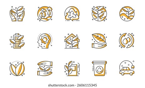 Ecology icons set in outline stroke design for web. Pack line pictograms with hands save plant, forest, nature, recycling, globe, battery charge, awareness, smart home, other. Vector illustration.
