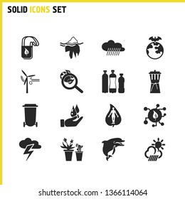 Ecology icons set with plastic bottles, rain and eco tote bag elements. Set of ecology icons and searching concept. Editable vector elements for logo app UI design.
