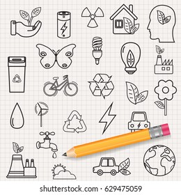 Ecology icons set. Icons for renewable energy, green technology. Hand drawn. Vector illustration