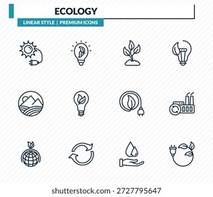 conjunto de ícones de ecologia - plugue solar, luz ecológica, planta em crescimento, fábrica de reciclagem, eco plug outline vetor collection.
