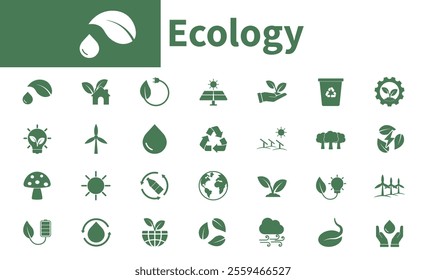 Ecology icons. Set of solid vector icons on nature, trees, environment, green energy, recycling.