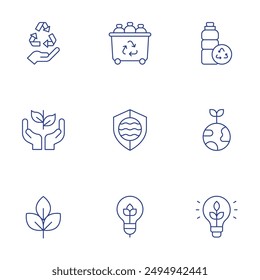 Ecology icons set. Thin Line style, editable stroke. eco friendly, sapling, ecology, sustainable energy, garbage can, plastic bottle, recycling, safe.