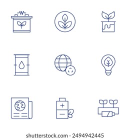 Ecology icons set. Thin Line style, editable stroke. eco battery, recycling, eco, newspaper, non toxic, eco fuel, dye, eco energy.