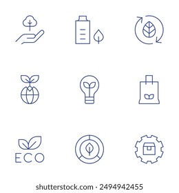 Ecology icons set. Thin Line style, editable stroke. eco battery, eco packaging, earth, eco friendly, supply, care, bulb, leaf.