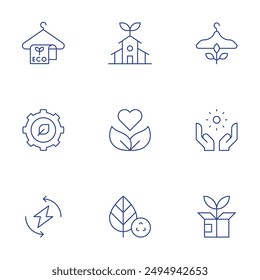 Ecology icons set. Thin Line style, editable stroke. green logistics, eco friendly, sun, ecology, gear, organic, renewable energy, recycling.