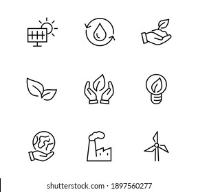 Ecology Icons set Vector icons contains solar panels as well as electricity, plant and factory, editable stroke. icons in minimalist style