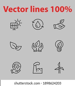 Ecology Icons Set Vector Icons Contains Solar Panels As Well As Electricity, Plant And Factory, Editable Stroke. Icons In Minimalist Style