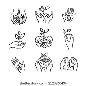 
Ecology Icons Set ,Vector Icons Contains Plant In Hand, Icons In Minimalist Style.Enviromental Theme In Doodle.Vector Illustration.Hand Save The Earth And Plants.