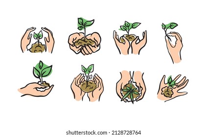 Ecology Icons Set ,Vector Icons Contains Plant In Hand In Color, Icons In Minimalist Style.Enviromental Theme In Doodle.Vector Illustration.Hand Save The Earth And Plants.