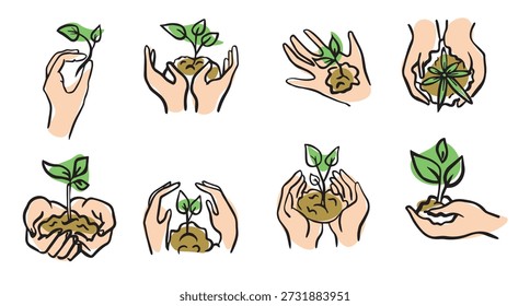 ecology icons set vector icons contains plant in hand