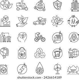 Ecology Icons Set. Vector Icons of Eco-technology, Environmental Protection, Nature Conservation, Industrial Ecology, Ecological City, Climate Change, Global Warming, Renewable Energy and Others