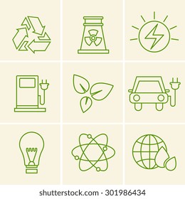 Ecology icons set vector green line style 