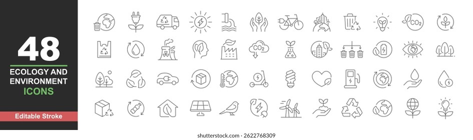 Ecology icons set. Vector illustration in modern thin line style of environment related icons: sustainable future, recycling, green energy, and more. Pictograms and infographics editable stroke