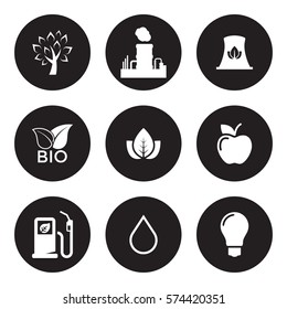 Ecology icons set. White on a black background