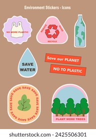 Ecology icons, stickers set. Environment, sustainability, nature, recycle, renewable energy; eco-friendly, forest, wind power, symbols. Solid icons vector collection.