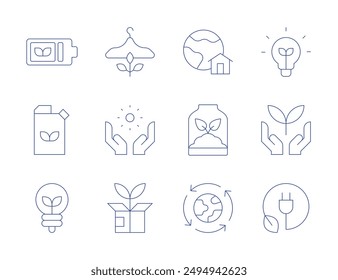 Ecology icons. Thin Line style, editable stroke. green logistics, eco light, product, friendly, circular economy, eco battery, ecology, sun, sprout, earth, green energy.