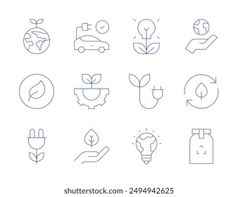 Ecology icons. Thin Line style, editable stroke. electric car, eco packaging, engineering, eco, green earth, ecology, environmental protection, idea, bio, save energy, recycling, green energy.