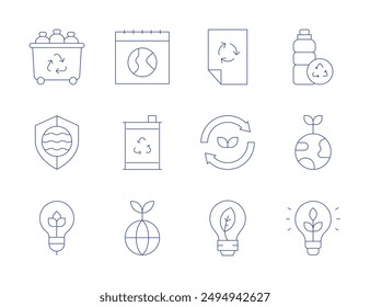 Ecology icons. Thin Line style, editable stroke. ecology, bio, sustainability, calendar, sustainable energy, garbage can, plastic bottle, paper recycle, safe, eco friendly, green energy.