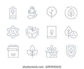 Ecology icons. Thin Line style, editable stroke. eco packaging, eco battery, eco friendly, recycling, sapling, package, protection, ecology and environment, tree, notebook, eco.
