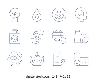 Ecology icons. Thin Line style, editable stroke. eco, eco packaging, recycling, growth, green factory, non toxic, drop, eco battery, plant, think green, carbon dioxide, eco bag.