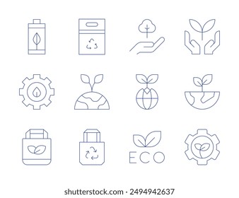 In: Ecology Icons. Dünne Linie Stil, bearbeitbare Strich, umweltfreundlich, Erde, Öko, grüne Technologie, Tragetasche, Öko-Batterie, Pflege, Öko-Tasche, Pflanze, Papiertasche, Ökologie.