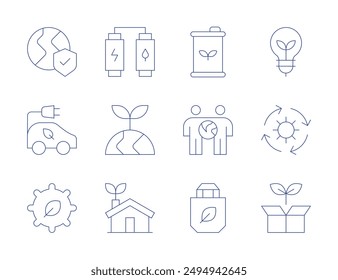 Ecology icons. Thin Line style, editable stroke. eco bag, eco car, earth, ecology, house, solar energy, factory, energy, light bulb, sustainable, friends.