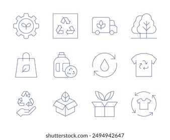 Ecology icons. Thin Line style, editable stroke. box, distribution, recycling, shopping bag, sustainable, detergent, recycle, clothes, reuse, gear, trees.