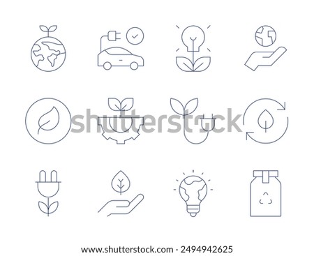 Ecology icons. Thin Line style, editable stroke. electric car, eco packaging, engineering, eco, green earth, ecology, environmental protection, idea, bio, save energy, recycling, green energy.