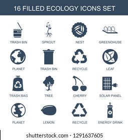 ecology icons. Trendy 16 ecology icons. Contain icons such as trash bin, sprout, nest, greenohuse, planet, recycle, leaf, trash bag, tree, Cherry. ecology icon for web and mobile.