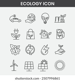 Ecology Icons Vector Art, Icons And Eco light, car, Bonsai, vector illustration of trendy icon pack. Line icons with thin line strokes.	