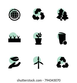 Ecology icons. vector collection filled ecology icons set.. includes symbols such as plant, sprouting, leaf in hand, windmill, recycle. use for web, mobile and ui design.