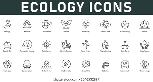 Ecology Icons vector illustration with thin line editable stroke containing recycle nature sustainability electricity renewable energy solar power save water conversation green energy forest