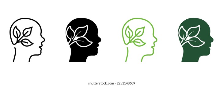 Ecology Idea, Eco Green Thinking Line and Silhouette Icon Color Set. Plant in Human Head. Leaf and Person Brain Environment Symbol Collection on White Background. Isolated Vector Illustration.