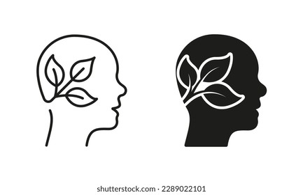 Idea de Ecología, Línea de Pensamiento Ecológico Verde y Juego de Icono de Silhouette. Planta en cabeza humana. Colección de símbolos de entorno de cerebro de hoja y persona sobre fondo blanco. Ilustración de vectores aislados.