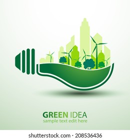 Ecology idea green bulb with city vector illustration