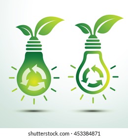 Ecology idea green bulb and recycle logo with leave vector illustration