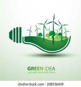 Ecology idea green bulb with windmill vector illustration