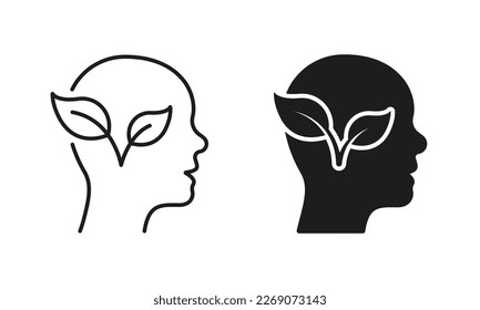 Ecology Idea Pictogram. Plant in Human Head, Green Thinking Symbol Collection on White Background. Leaf and Person Brain Environment Concept Line and Silhouette Icon Set. Isolated Vector Illustration.