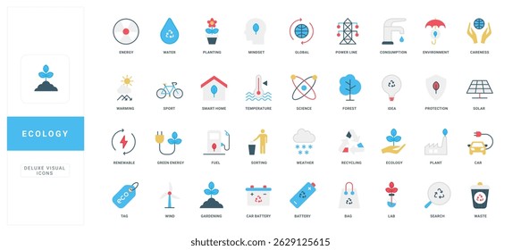 Ecology, ideas for environmental protection, waste recycling and bio fuel color icon set. Renewable green energy, wind and solar panel, lab science research, smart home flat vector illustration
