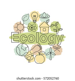 Ecology illustration with eco icons. Green technology, environment protection etc.