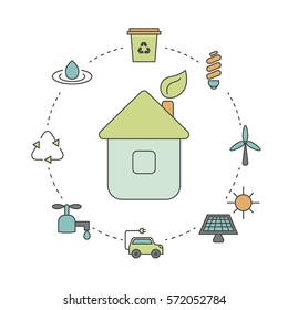 Ecology illustration with eco icons. Eco house and green energy.