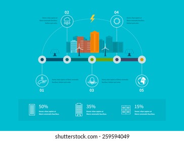 Ecology illustration infographic elements flat design. City landscape. Flat design vector concept illustration with icons of ecology, environment and eco friendly energy