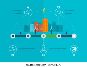 Ecology illustration infographic elements flat design. City landscape. Flat design vector concept illustration with icons of ecology, environment, eco friendly energy and green technology. 