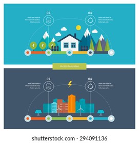 Ecology illustration infographic elements flat design. City landscape. Environmentally friendly house. Flat design vector concept illustration with icons of ecology, environment and green technology. 