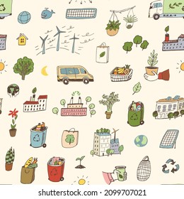 Ecology illustrations vector seamless pattern, bio energy, logistic, green factory, save planet, recycling illustrations set.
