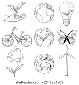 Ecology illustrations. Vector sketches. Isolated objects on a white background. Hand-drawn style.