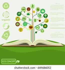 Ecology info graphics modern design,  green tree and opened book, ecological brochure template. Vector