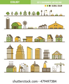 Ecology infographic element outline style set of environment and building